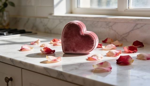 Pink velvet heart box resting among scattered rose petals on sunlit marble counter