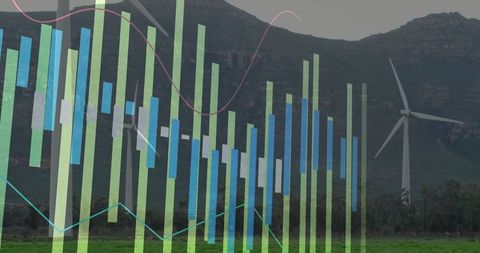 Wind Turbine Energy Generation Against Data Infographic Overlay