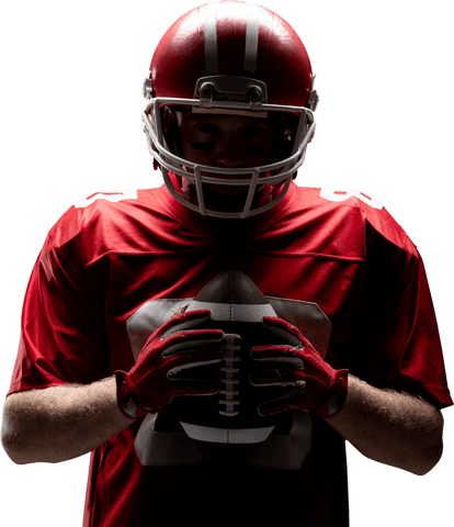 Transparent american football player wearing helmet and holding ball