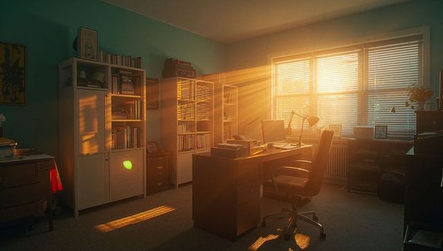 Intimate Home Office with Sunrise Illumination Across Desk