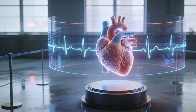 Holographic anatomical heart with ecg waveform on futuristic pedestal for med tech