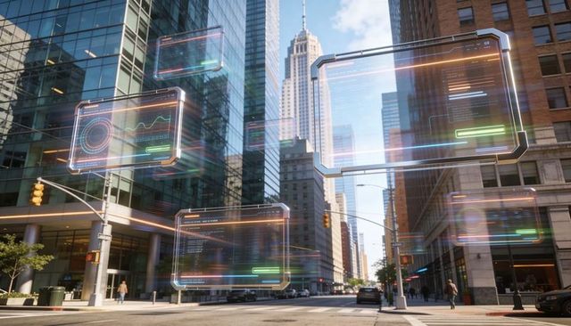 Futuristic holographic data panels hovering over downtown street displaying neon charts