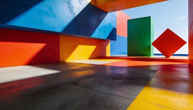 Sunlit color-block pavilion displaying green prism and floating red diamond sculpture