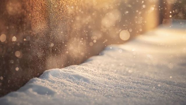 Glittering snow-covered ledge catching warm golden backlight with floating bokeh, frost