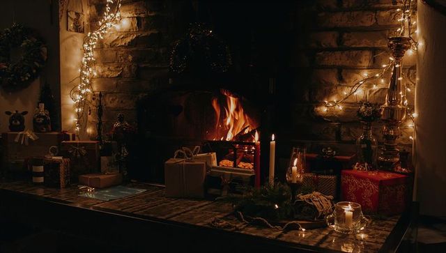 Cozy fireplace with christmas gifts and string lights