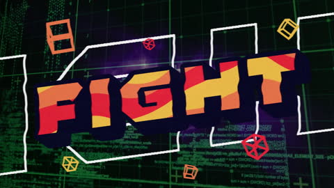 Digital Battleground with Vibrant Fight Text and Data Stream