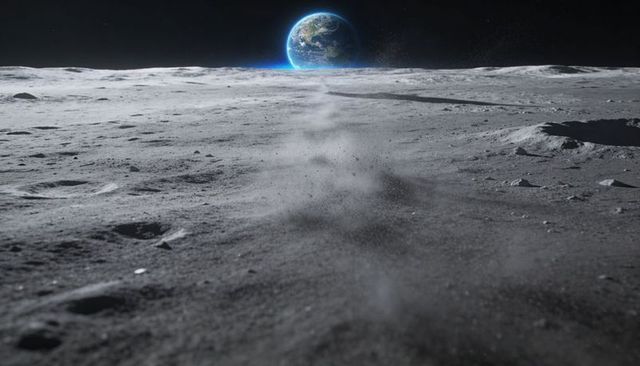 Drifting lunar dust plume rising across regolith toward earthrise over cratered horizon