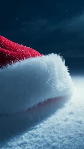 Santa hat resting on snow at night, swaying in breeze with falling snowflakes