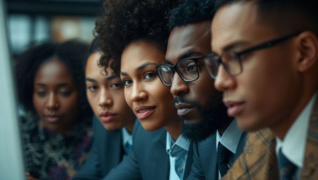 Diverse corporate team collaborating on project at conference