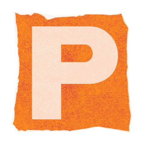 Textured letter p on orange square with torn edges transparent design