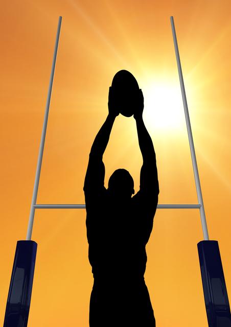 Digital composition of silhouette of player holding rugby ball against goal post