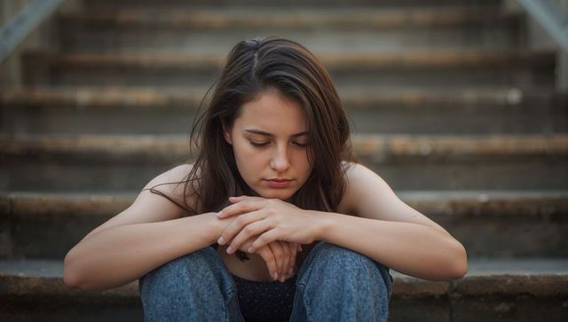 Young woman sitting on urban steps leaning on knees contemplative solitude portrait