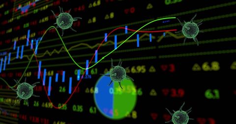 describes virus cells hovering over financial graphs indicating intersect between healthcare and economy amidst pandemic. useful for illustrating impact of health crises on global markets, representing financial volatility due to covid-19, and content on economics or healthcare analysis.