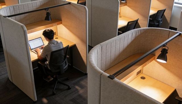 Asian man working in private study booth with laptop and desk lamp for focused coworking