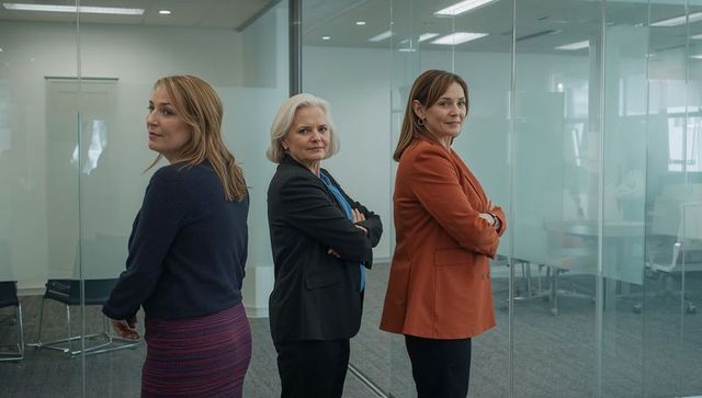 Three professional women standing with arms crossed in modern glass office, projecting leadership