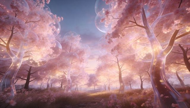 Dreamlike glowing bubble-tree grove casting pink-gold light along winding blossom path