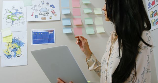 Woman Planning Creative Project with Notebook and Colorful Sticky Notes on Wall - Download Free Stock Images Pikwizard.com