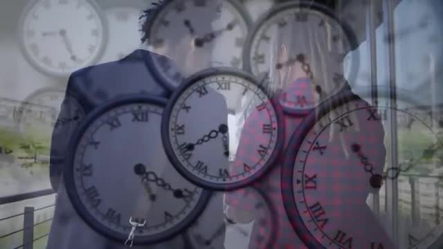 Businessmen Walking Dock Overlayed with Multiple Clocks Symbolizing Strategic Time Planning