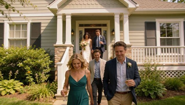 Bridal couple descending porch steps holding bouquet and glasses, guests following
