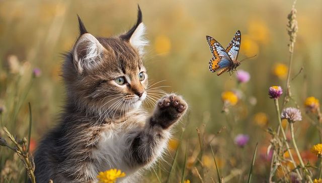 Fluffy brown tabby kitten reaching for orange-and-blue butterfly in wildflower meadow