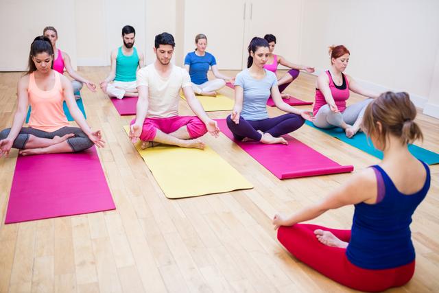 Group of individuals participating in yoga class, meditating in lotus position on colorful yoga mats in a fitness studio. Ideal for illustrating concepts of mindfulness, relaxation, fitness routines, and group exercise classes. Useful for health and wellness blogs, fitness websites, and advertisements promoting a balanced lifestyle.