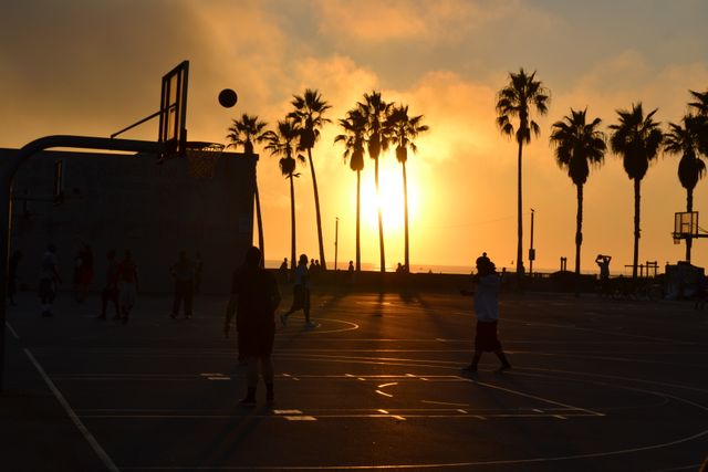 Silhouetted players compete in a basketball game as the sun sets behind palm trees, creating a scenic twilight backdrop on the outdoor court. This image is ideal for promoting sports and recreation, summer activities, outdoor fitness, lifestyle, and travel destinations.