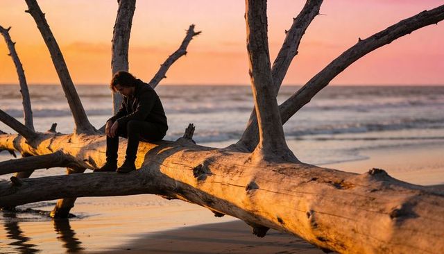 Solitary man sitting on driftwood at sunset on quiet beach with pink sky and reflections