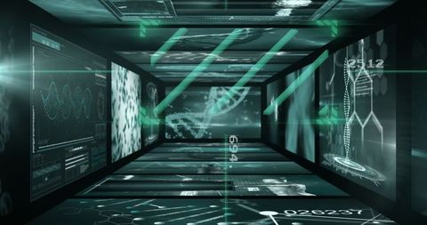 futuristic virtual lab corridor with holographic dna - Download Free Stock Images Pikwizard.com