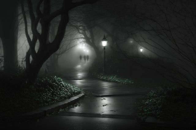 Path in park with street lamps on dark misty rainy night, created using generative ai technology - Download Free Stock Photos Pikwizard.com