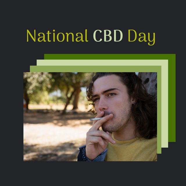 Digital composite of national cbd day text and caucasian young man smoking marijuana, copy space. cannabis, healthy, medicine, awareness and celebration concept.