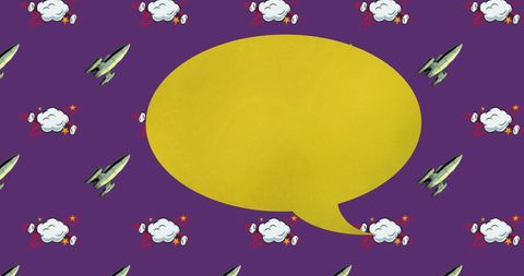 Yellow speech bubble with rocket and cloud icons pattern
