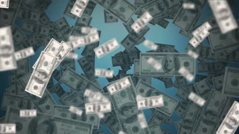 Dynamic Animation of Falling Dollar Bills on Blue Background