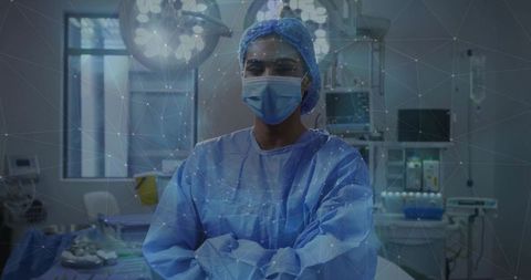 Female surgeon standing with arms crossed in operating room with digital network overlay
