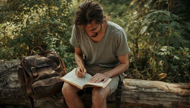 Young man writing in journal while sitting on log in forest with leather backpack nearby