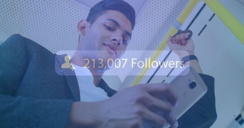 Satisfied Professional Checking Social Media Followers Count Commute Concept