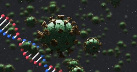 3d dna strand and covid-19 cells falling background