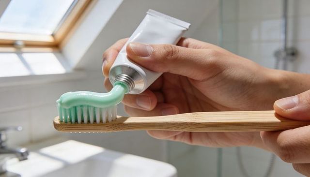 Squeezing mint green toothpaste onto bamboo toothbrush closeup in sunlit bathroom sink