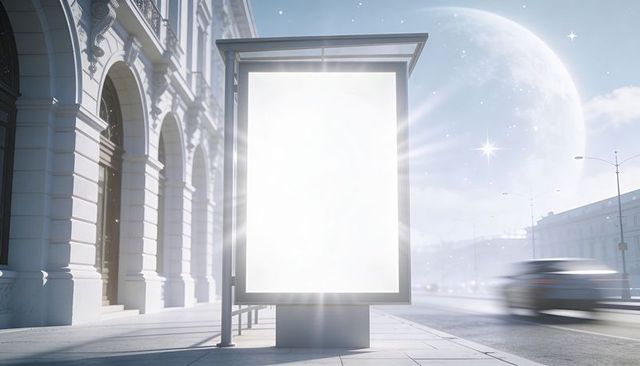 Glowing backlit advertising lightbox emitting bright glare on neoclassical city sidewalk
