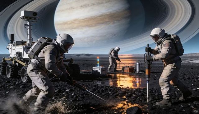 Offworld astronauts drilling and sampling on icy moon shore with ringed gas giant looming