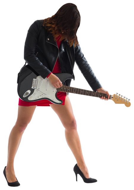 Brunette Woman in Black Biker Jacket Playing Electric Guitar, Transparent Background - Download Free Stock Videos Pikwizard.com