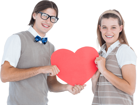 Couple of Happy Hipsters Holding Red Heart
