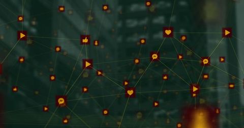 Digital icons networking against urban background