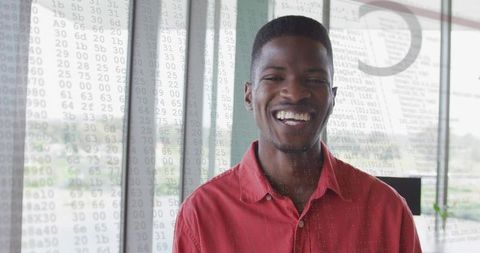 Business Professional Smiling at Office with Digital Code Overlay