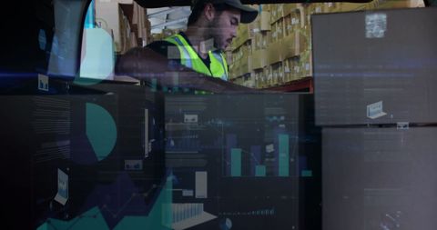Man Packing Boxes in Warehouse with Data Visualization Overlay - Download Free Stock Images Pikwizard.com