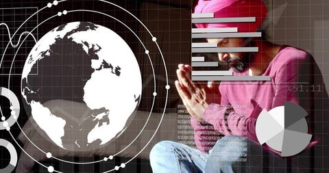 Contemplative man wearing turban meditating with global data overlays and analytics