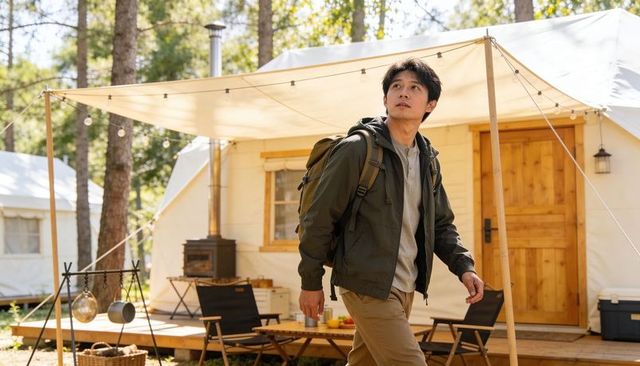 Backpacker walking on glamping deck with backpack near canvas cabin and wood stove retreat