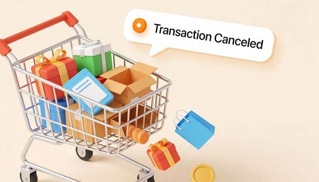 Online shopping cart holding gifts and packages showing transaction canceled message