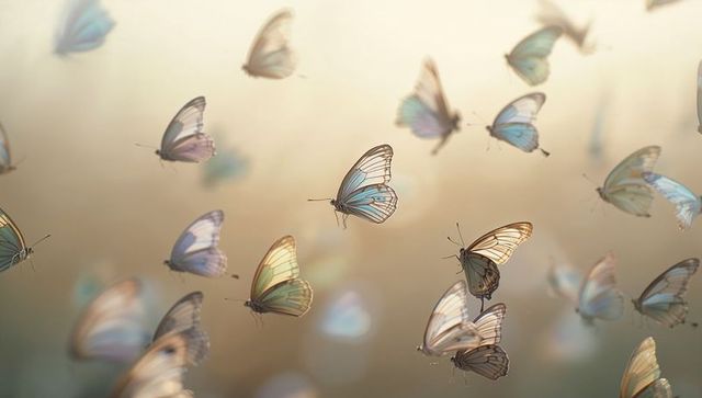 Floating pastel butterflies with translucent wings and venation in sunlit meadow bokeh
