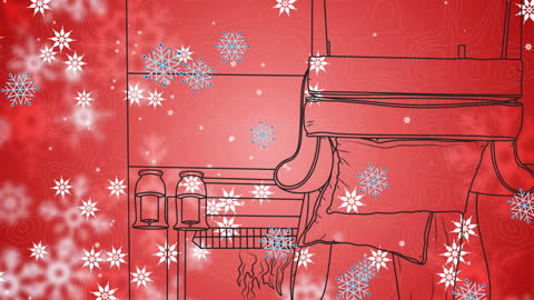 Festive Illustrated Dining Scene with Snowflakes on Red Background