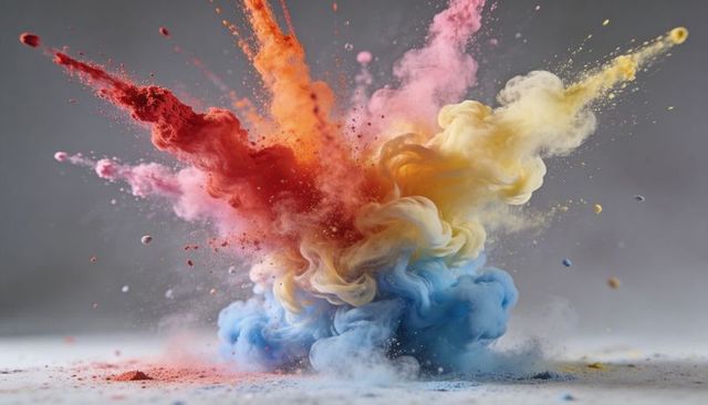 Exploding Multicolor Pigment Plume Rising and Spreading in Dramatic Powder Burst